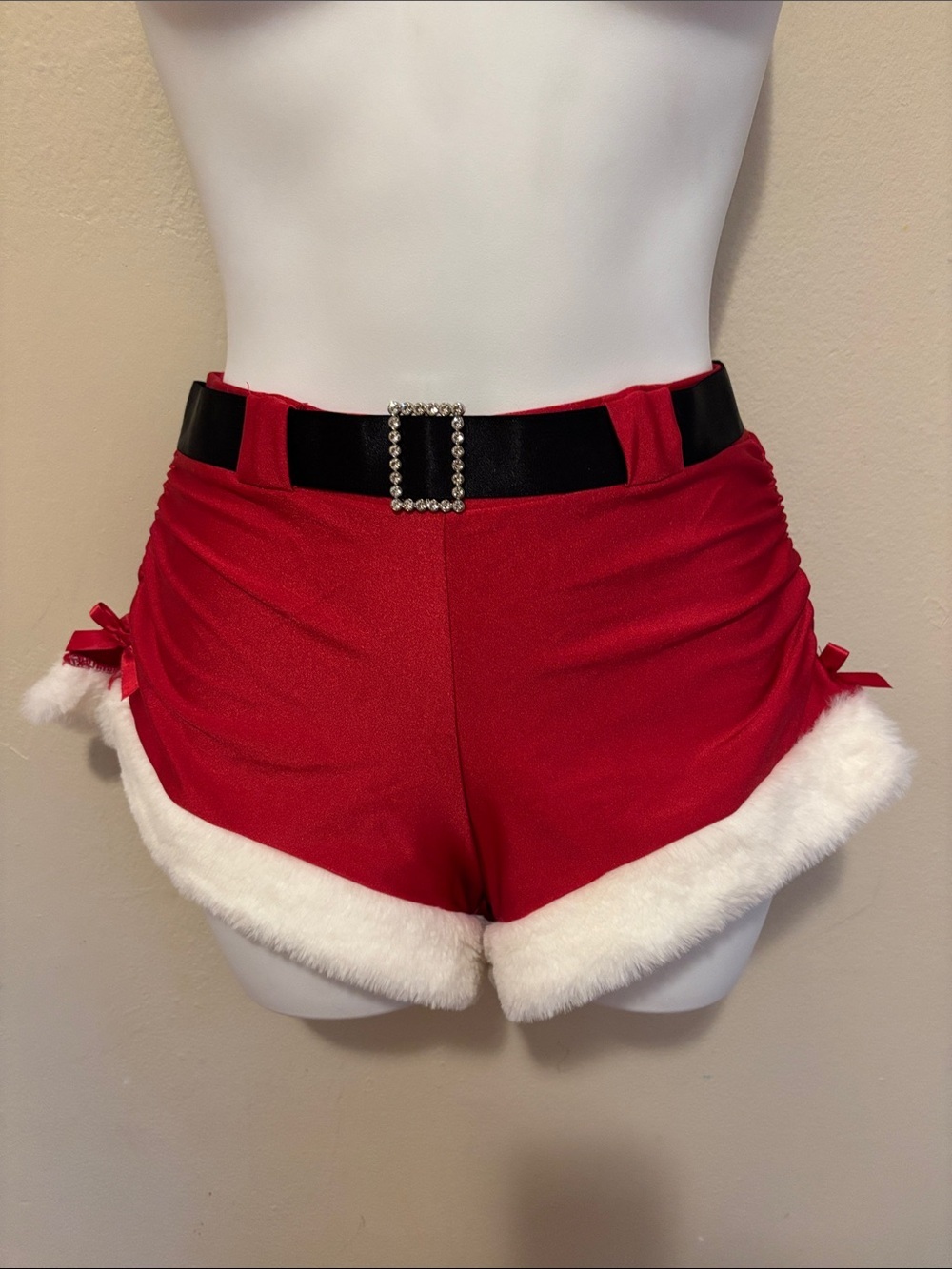 Fashion Nova Red High-Waist Holiday Faux-Fur Trim Shorts with Black Belt
